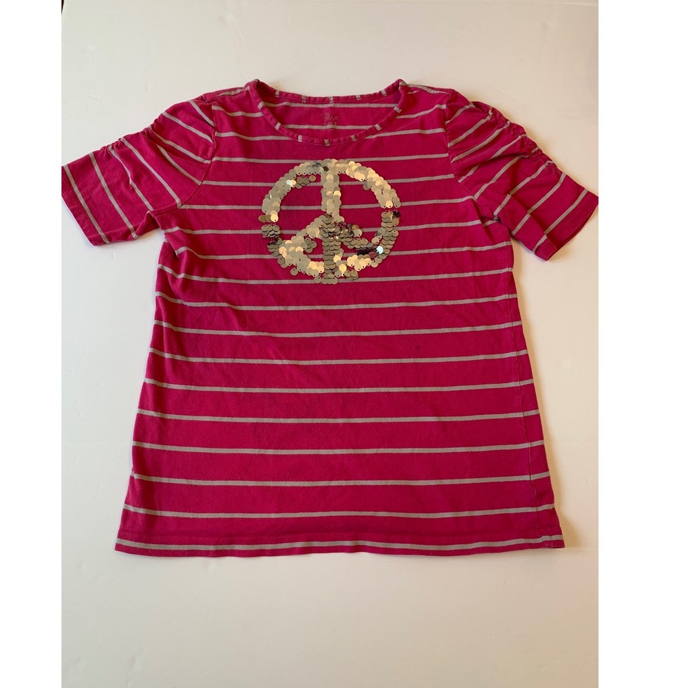 The Children's Place Girls Pink Striped Sequin Peace Sign T-Shirt Size XL 14